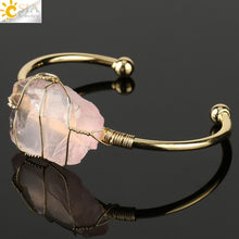 Load image into Gallery viewer, CSJA Natural Stone Bangle Gold-color Wire Wrap Irregular Crystal Quartz Cuff Copper Bracelets for Women Girls Kids Jewelry G327
