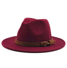 Load image into Gallery viewer, Women Men Wool Fedora Hat With Leather Ribbon Gentleman Elegant Lady Winter Autumn Wide Brim Jazz Church Panama Sombrero Cap

