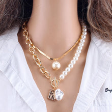 Load image into Gallery viewer, KMVEXO Fashion 2 Layers Pearls Geometric Pendants Necklaces For Women Gold Metal Snake Chain Necklace New Design Jewelry Gift
