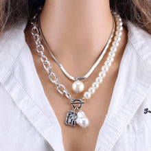 Load image into Gallery viewer, KMVEXO Fashion 2 Layers Pearls Geometric Pendants Necklaces For Women Gold Metal Snake Chain Necklace New Design Jewelry Gift
